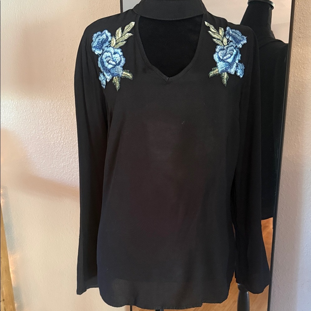 Unique Spectrum Black V-Neck Tunic with Blue Rose Embroidery
